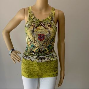 Womens Go Jeans LA Chartreuse Multi Colored Jeweled Tunic Tank Top Size Small